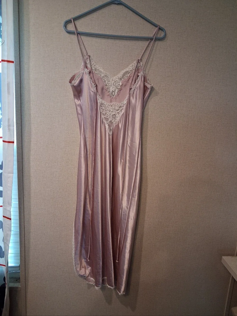Vintage California Dynasty Elegant Pale Pink Satin Lace-Trim Slip Dress Sz S